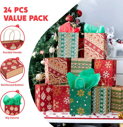 24 Pack Christmas Kraft Paper Gift Bags with Handles for Holiday Wrapping and Party Favors