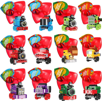 24 Prefilled Hearts with Train Building Blocks and Valentine's Day Cards for Kids - Classroom Exchange Gifts