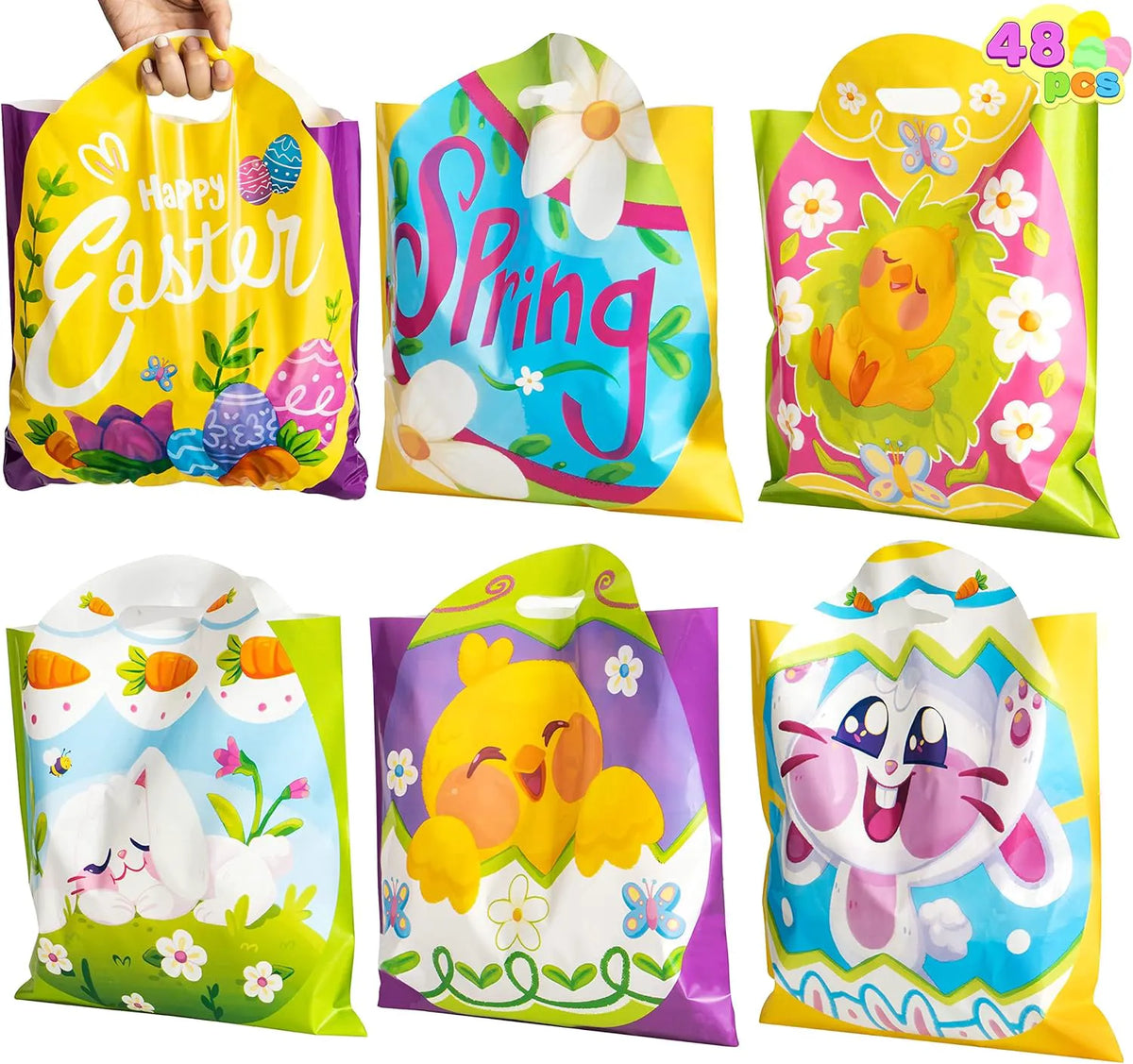 JOYIN 48 Pack Easter Drawstring PE Bags - Bunny & Chick Easter Treat Bags for Kids Party Supplies