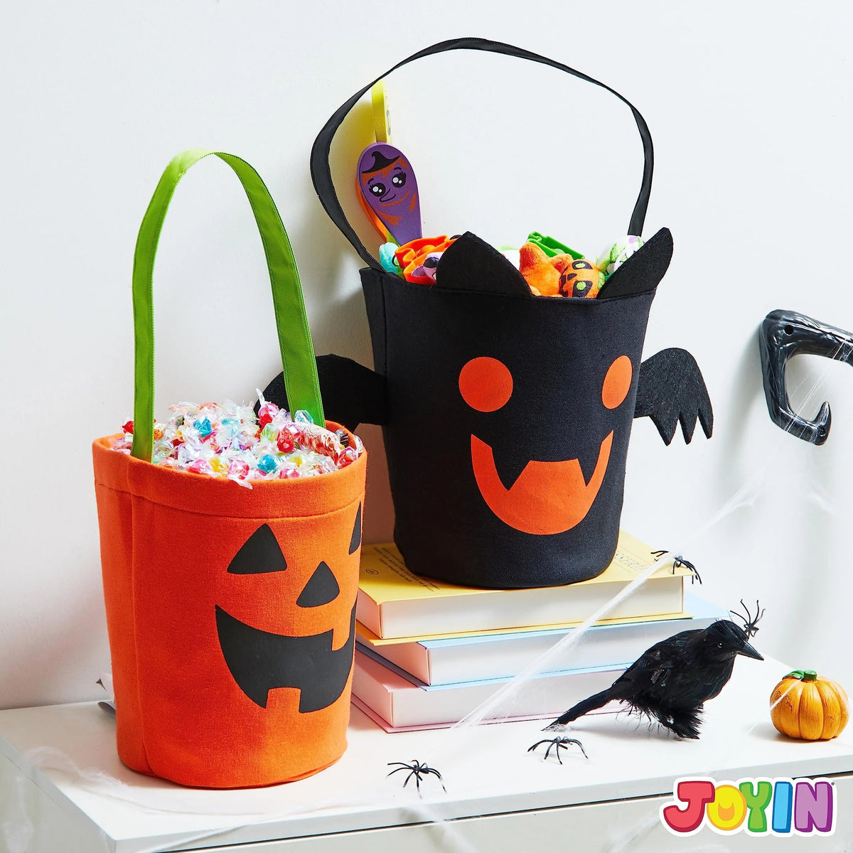 Halloween Bat & Pumpkin Candy Tote Bucket Set - Reusable Felt Trick-or-Treat Goody Bags