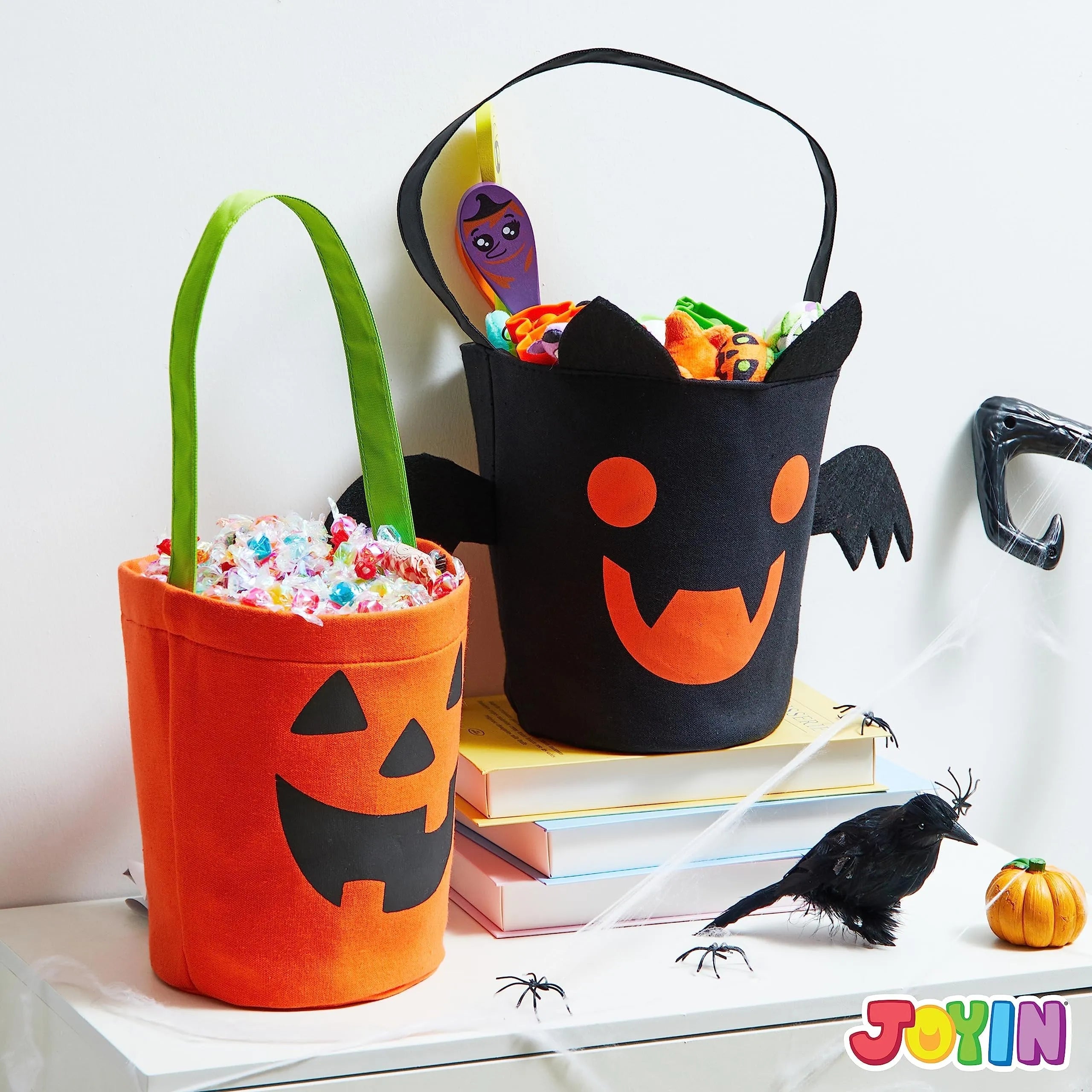 Halloween Bat & Pumpkin Candy Tote Bucket Set - Reusable Felt Trick-or-Treat Goody Bags