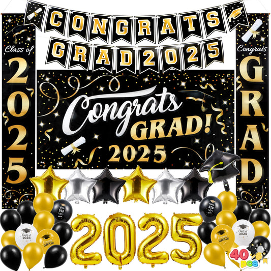 JOYIN Class of 2025 Graduation Party Decorations - Black & Gold Grad Celebration Supplies Set with Backdrop Banner, Porch Sign, Balloons, Foil Number 2025, Hanging Strip for High School College Grad