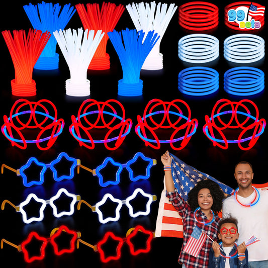 JOYIN 99 PCS Patriotic Glow Sticks, Bracelets, Necklaces & Glasses - Glow in The Dark Party Supplies for Independence Day - Blue, White, Red LED Accessories for Kids & Adults