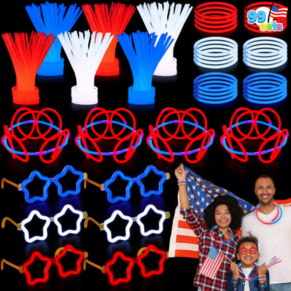 JOYIN 99 PCS Patriotic Glow Sticks, Bracelets, Necklaces & Glasses - Glow in The Dark Party Supplies for Independence Day - Blue, White, Red LED Accessories for Kids & Adults