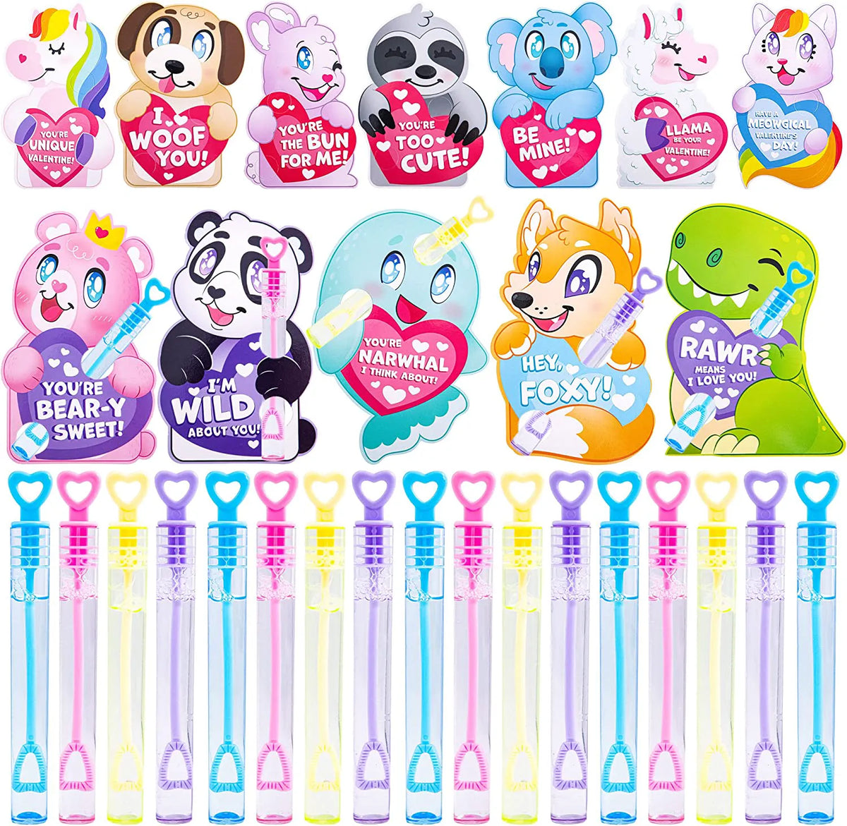 36-Pack Valentine's Day Cards for Kids with Mini Bubble Wands - Classroom Exchange Gifts
