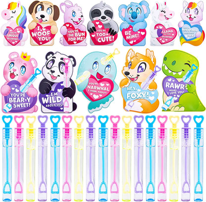 36-Pack Valentine's Day Cards for Kids with Mini Bubble Wands - Classroom Exchange Gifts