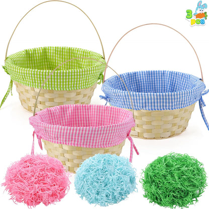 3-Piece Easter Basket Set with Plaid Lining, Handles, and 3-Color Grass Paper Shreds for Egg Hunts