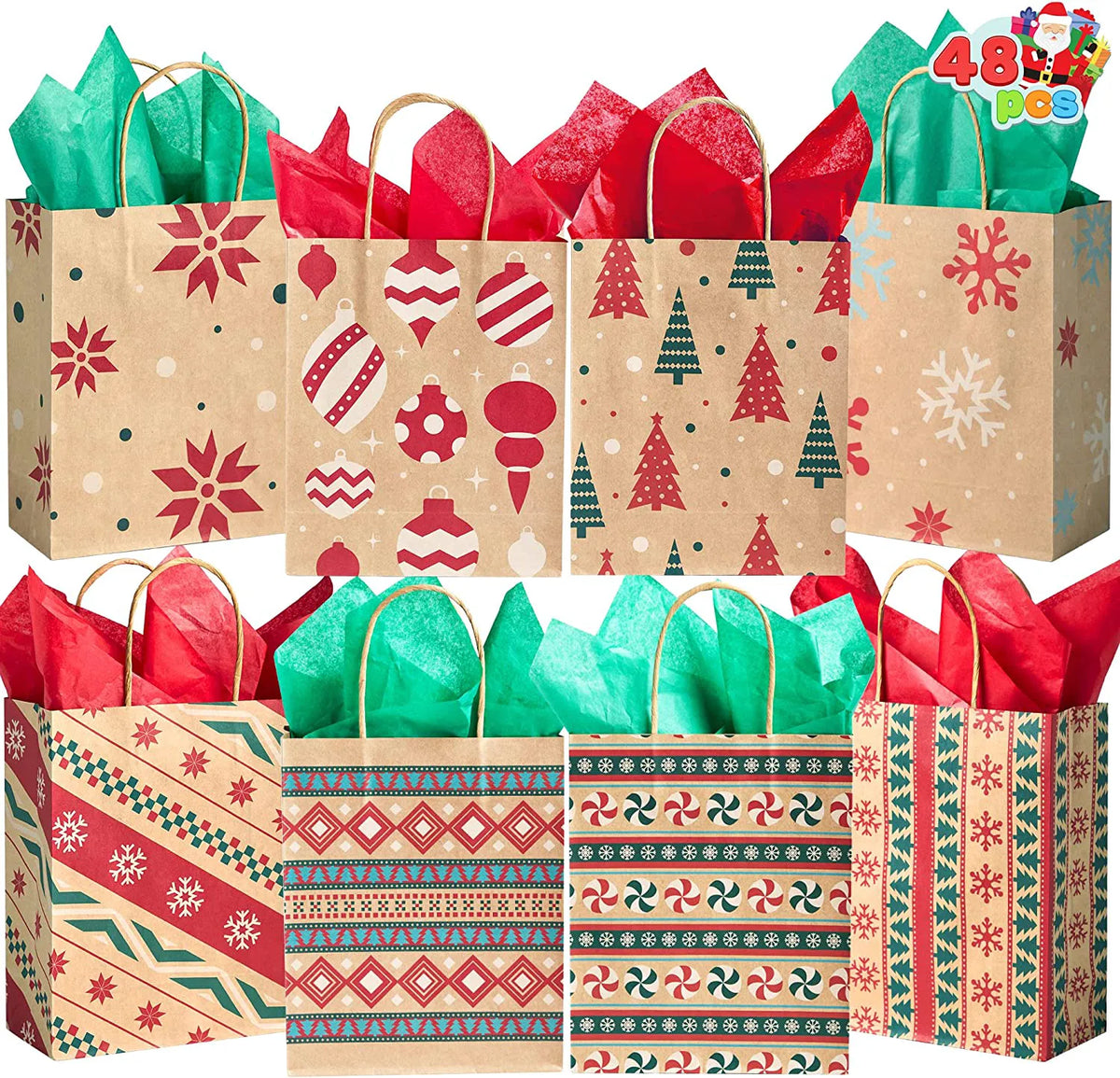 48 Christmas Kraft Gift Bags, 8 Designs