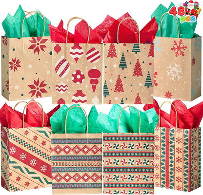 48 Christmas Kraft Gift Bags, 8 Designs