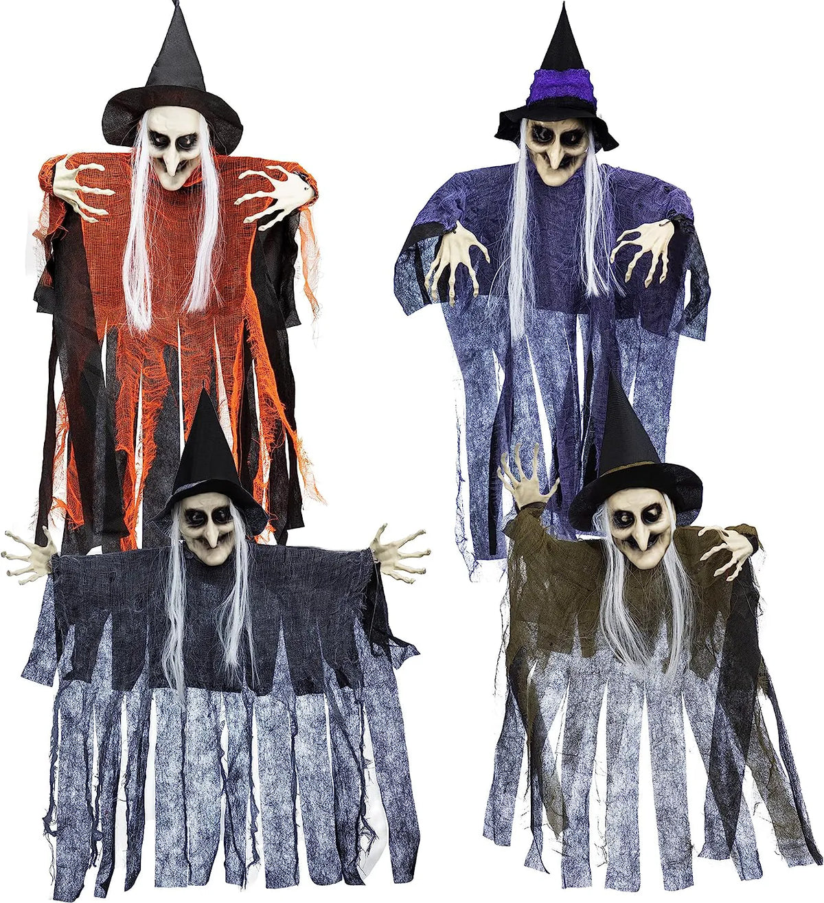 Set of 4 Hanging Witches in Purple, Orange, Green, and Grey