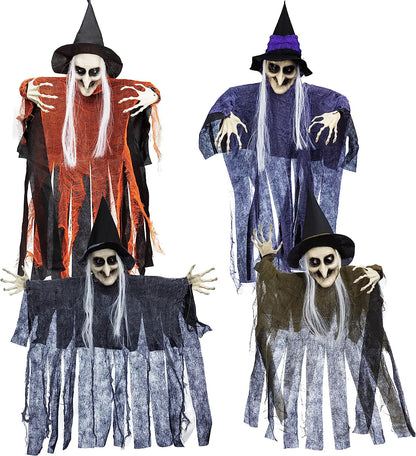 Set of 4 Hanging Witches in Purple, Orange, Green, and Grey