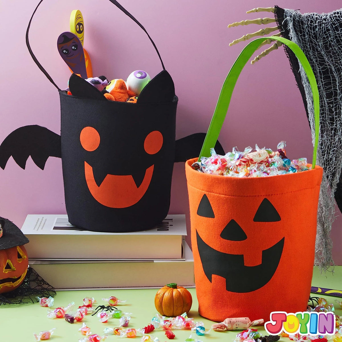 Halloween Bat & Pumpkin Candy Tote Bucket Set - Reusable Felt Trick-or-Treat Goody Bags