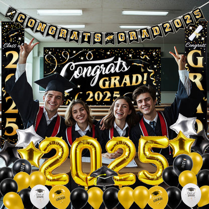 JOYIN Class of 2025 Graduation Party Decorations - Black & Gold Grad Celebration Supplies Set with Backdrop Banner, Porch Sign, Balloons, Foil Number 2025, Hanging Strip for High School College Grad