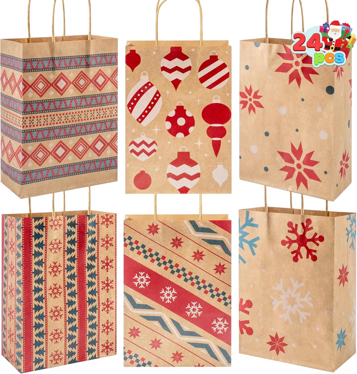 24 Pack Christmas Kraft Gift Bags with Durable Handles and Sturdy Bottoms