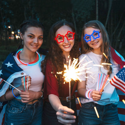JOYIN 99 PCS Patriotic Glow Sticks, Bracelets, Necklaces & Glasses - Glow in The Dark Party Supplies for Independence Day - Blue, White, Red LED Accessories for Kids & Adults