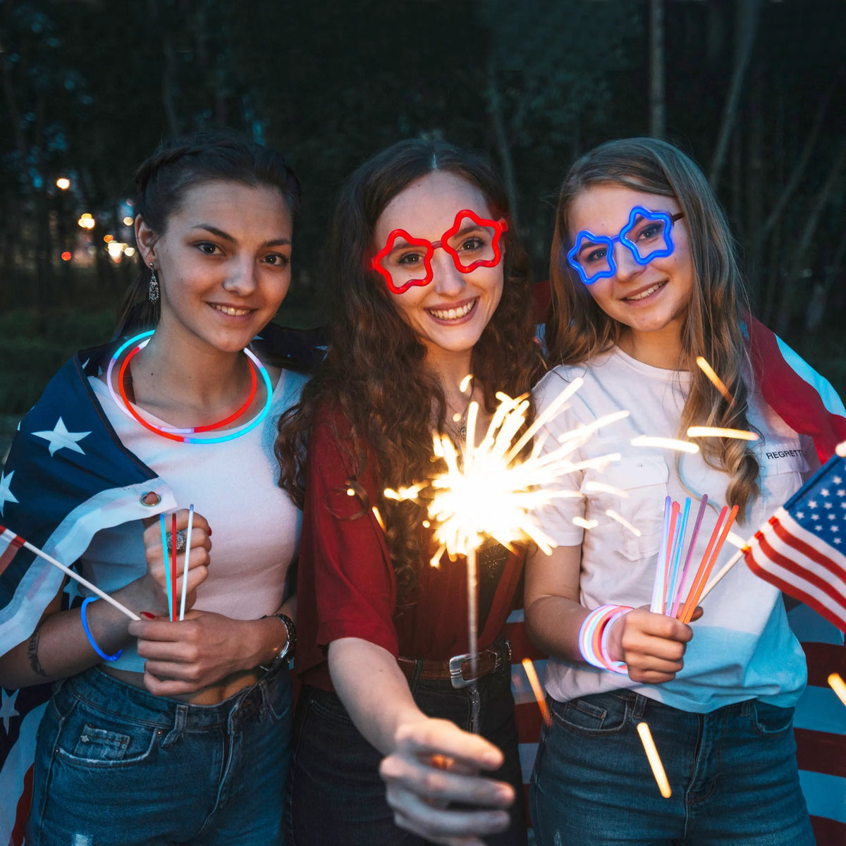 JOYIN 99 PCS Patriotic Glow Sticks, Bracelets, Necklaces & Glasses - Glow in The Dark Party Supplies for Independence Day - Blue, White, Red LED Accessories for Kids & Adults