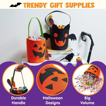 Halloween Bat & Pumpkin Candy Tote Bucket Set - Reusable Felt Trick-or-Treat Goody Bags