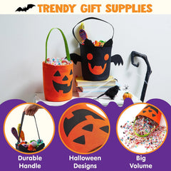 Halloween Bat & Pumpkin Candy Tote Bucket Set - Reusable Felt Trick-or-Treat Goody Bags