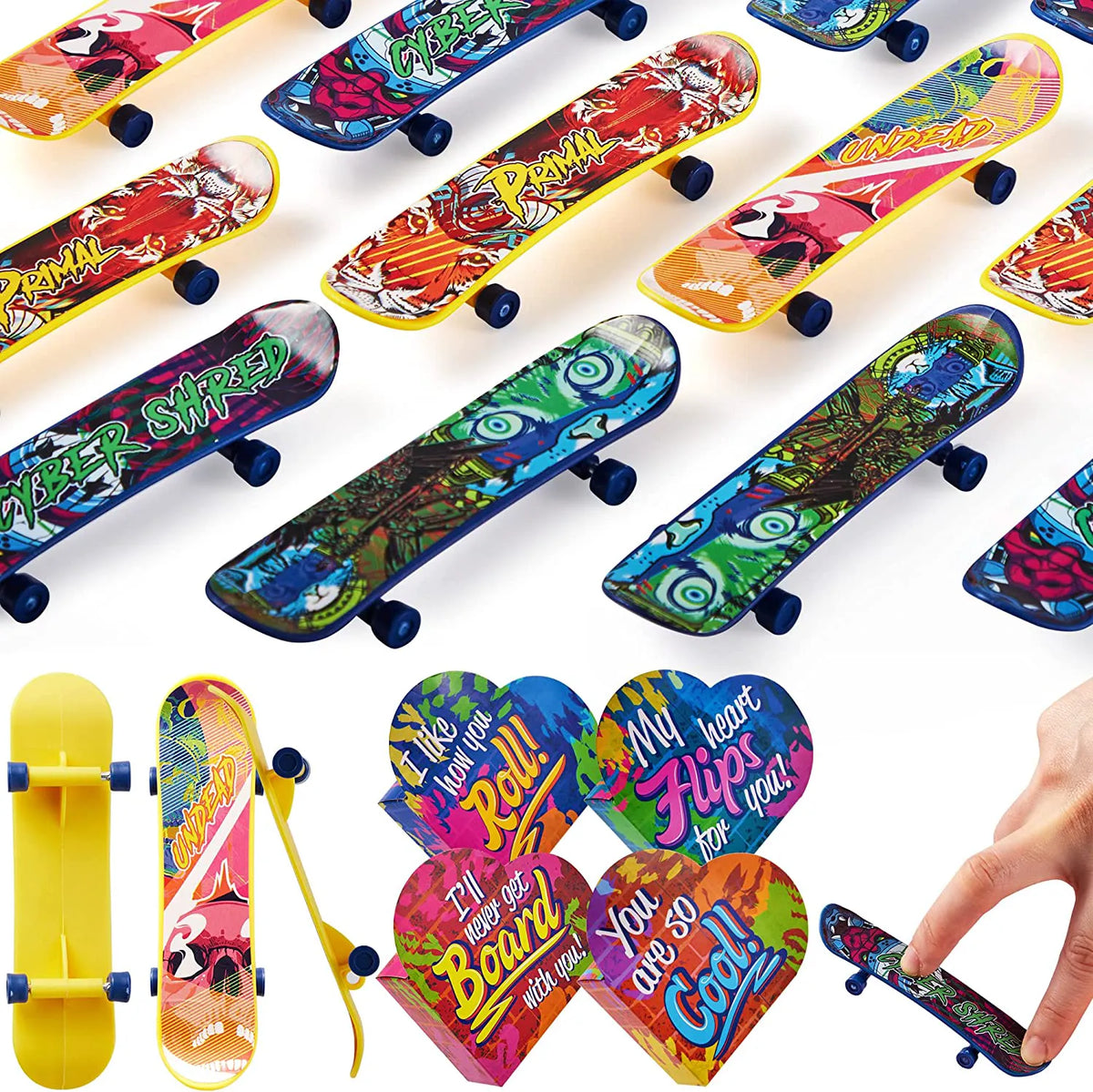 28 Mini Skateboards in Boxes with Valentine's Cards for Classroom Exchange
