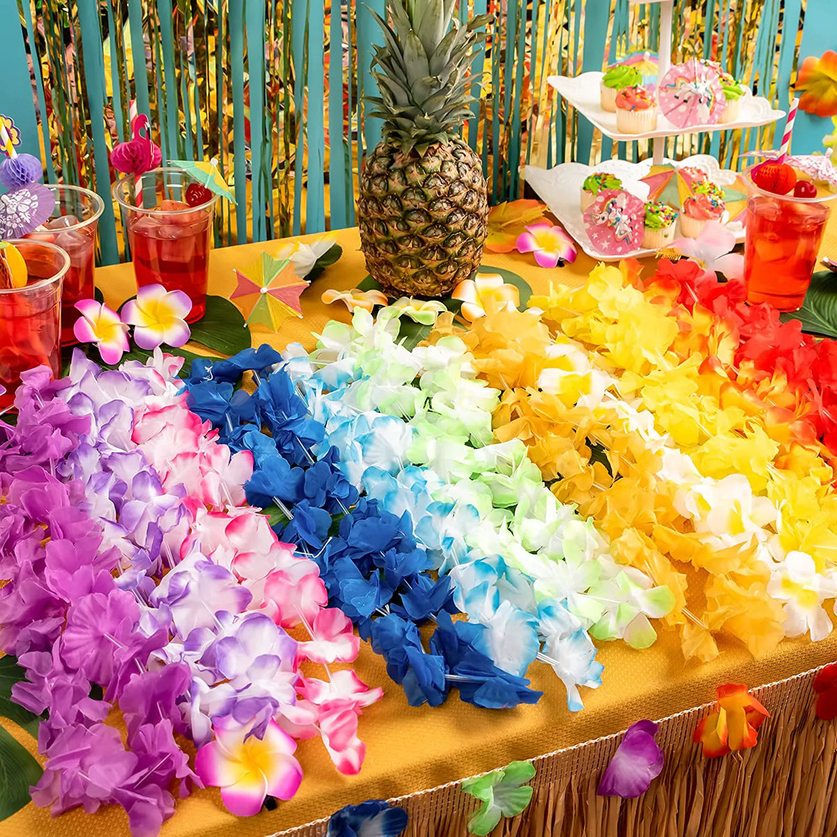 120-Pack Hawaiian Tropical Flower Leis for Kids and Adults