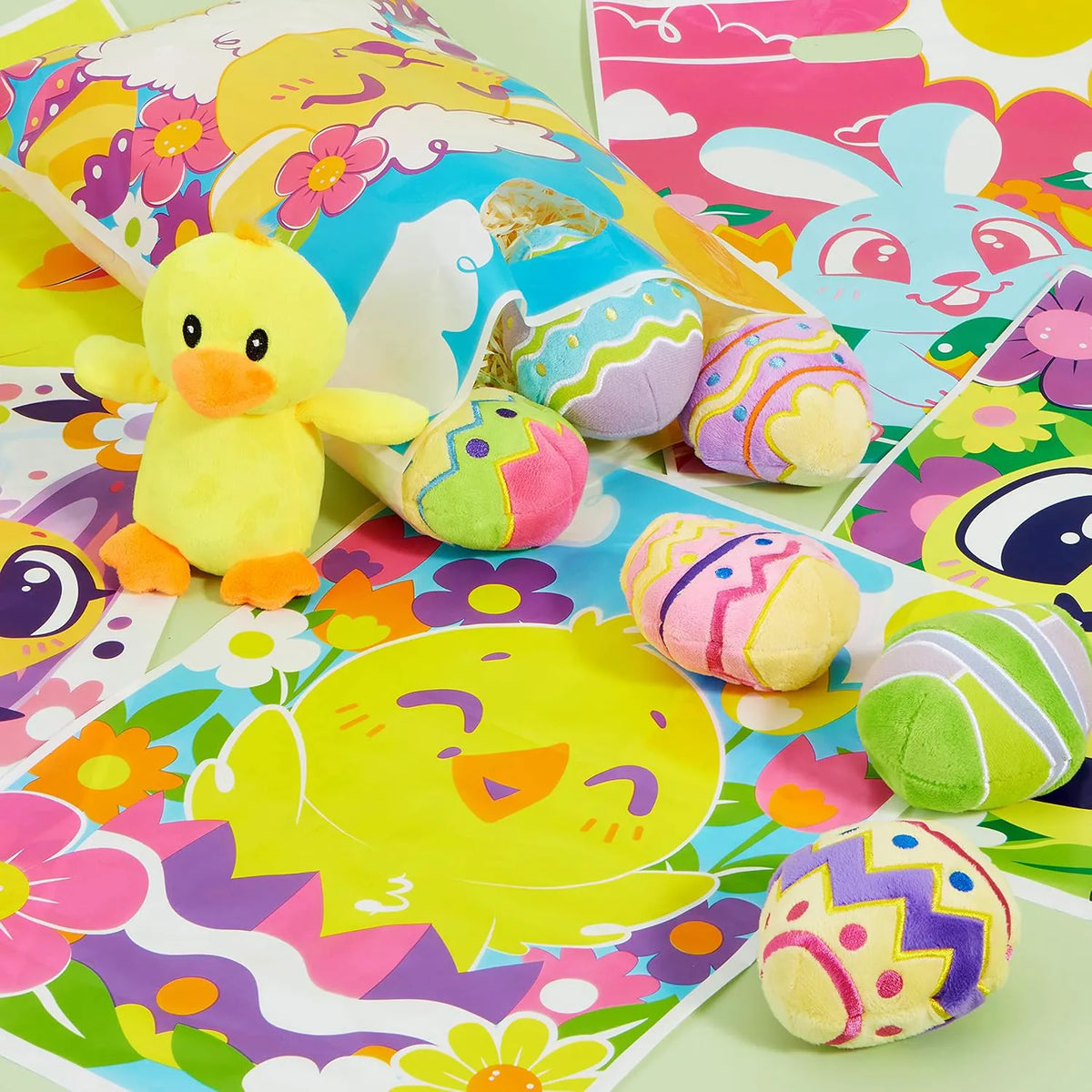 JOYIN 72 Pack Easter Plastic Gift Bags with Animal and Flower Designs - Easter Party Supplies for Kids