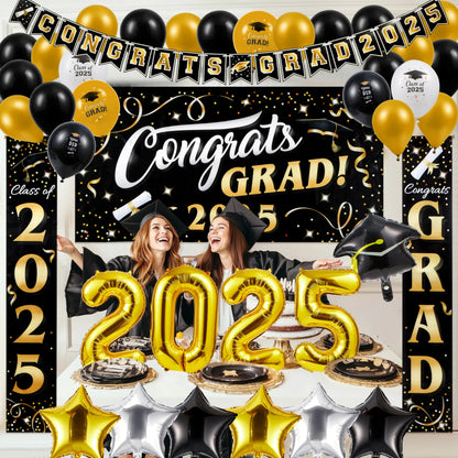 JOYIN Class of 2025 Graduation Party Decorations - Black & Gold Grad Celebration Supplies Set with Backdrop Banner, Porch Sign, Balloons, Foil Number 2025, Hanging Strip for High School College Grad