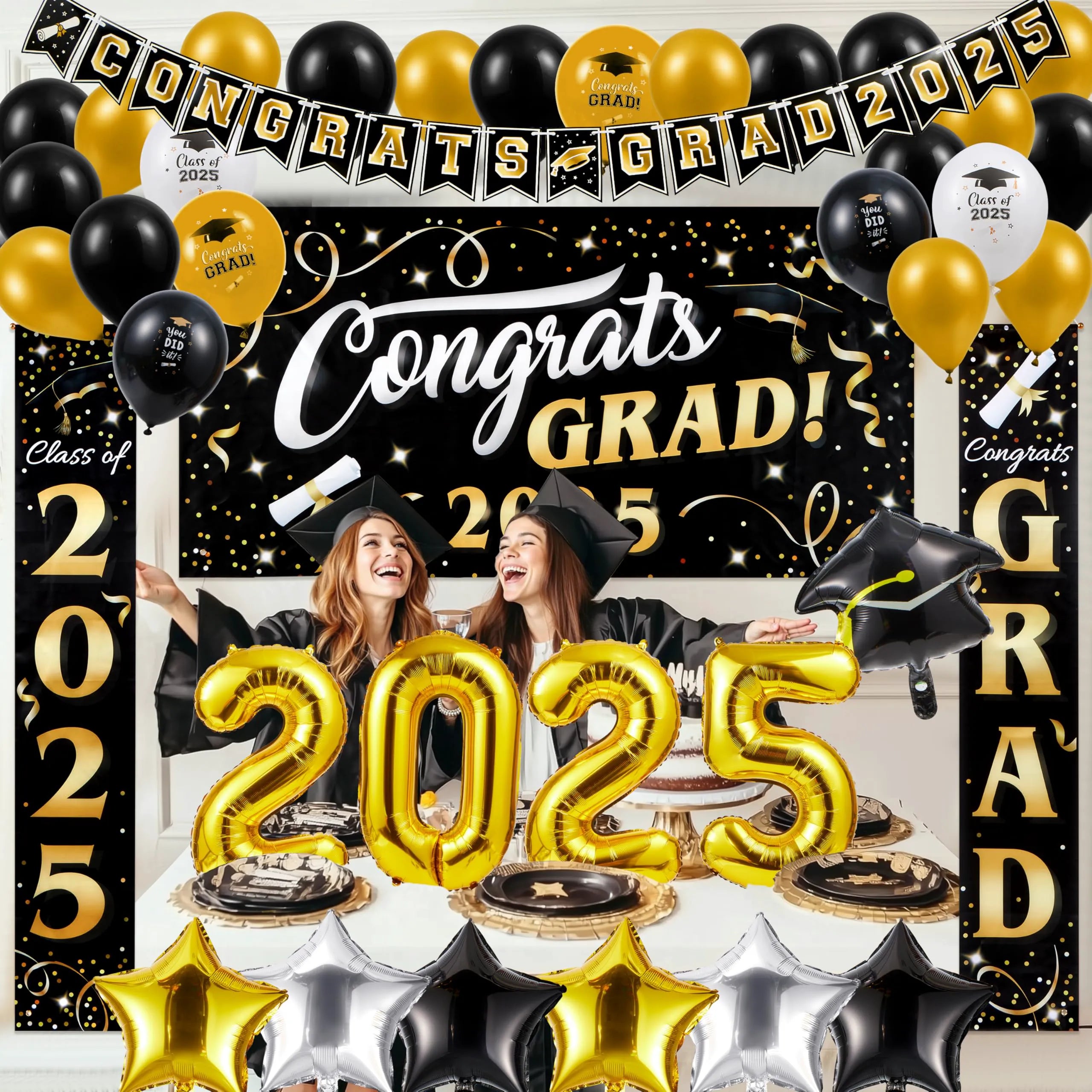 JOYIN Class of 2025 Graduation Party Decorations - Black & Gold Grad Celebration Supplies Set with Backdrop Banner, Porch Sign, Balloons, Foil Number 2025, Hanging Strip for High School College Grad