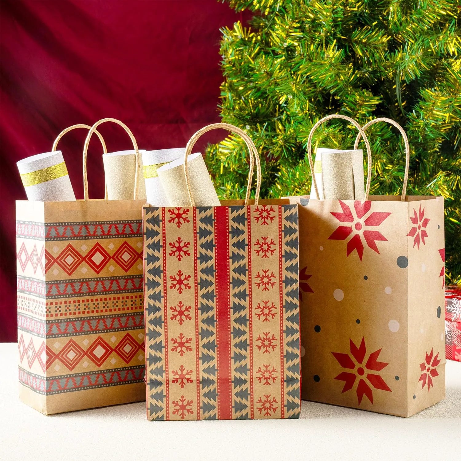 24 Pack Christmas Kraft Gift Bags with Durable Handles and Sturdy Bottoms