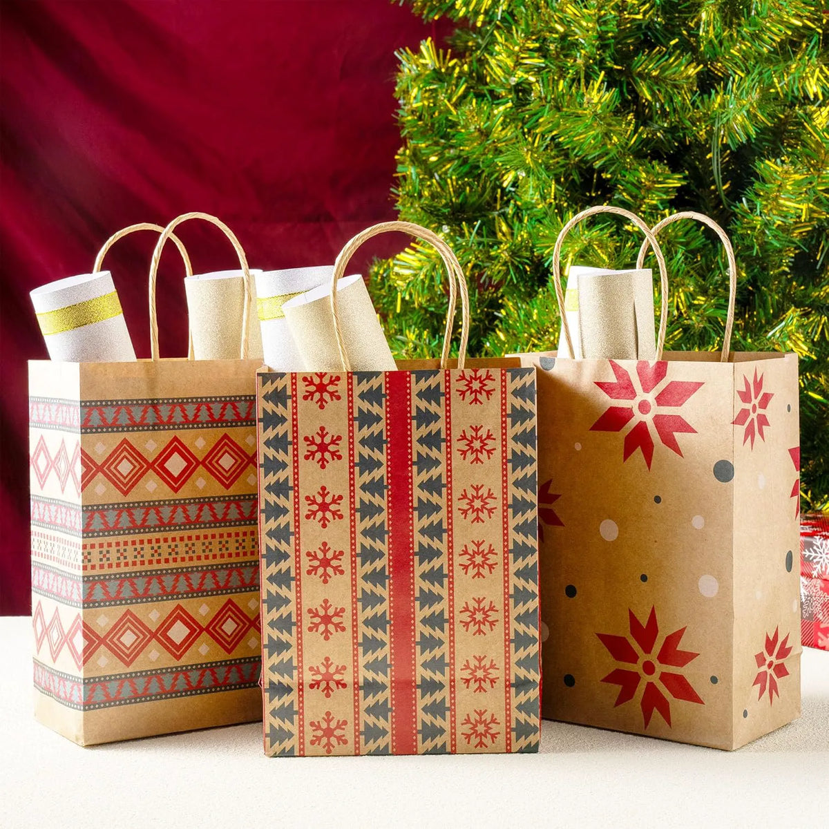 24 Pack Christmas Kraft Gift Bags with Durable Handles and Sturdy Bottoms