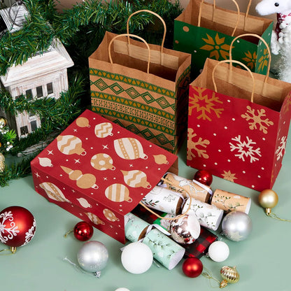 24 Pack Christmas Kraft Paper Gift Bags with Handles for Holiday Wrapping and Party Favors