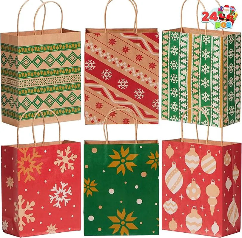 24 Pack Christmas Kraft Paper Gift Bags with Handles for Holiday Wrapping and Party Favors