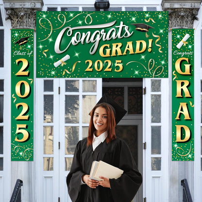 JOIN 3-Piece Graduation Decorations Class of 2025 - Green & Gold Satin Congrats Grad Banner Set for College Party Backdrop, Porch Hanging Supplies Indoor Outdoor
