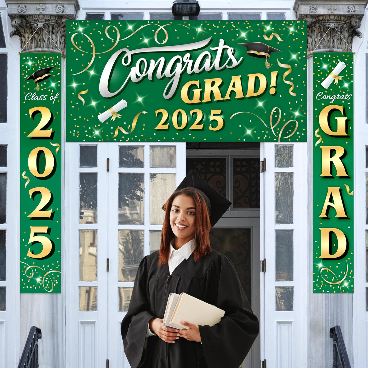 JOIN 3-Piece Graduation Decorations Class of 2025 - Green & Gold Satin Congrats Grad Banner Set for College Party Backdrop, Porch Hanging Supplies Indoor Outdoor