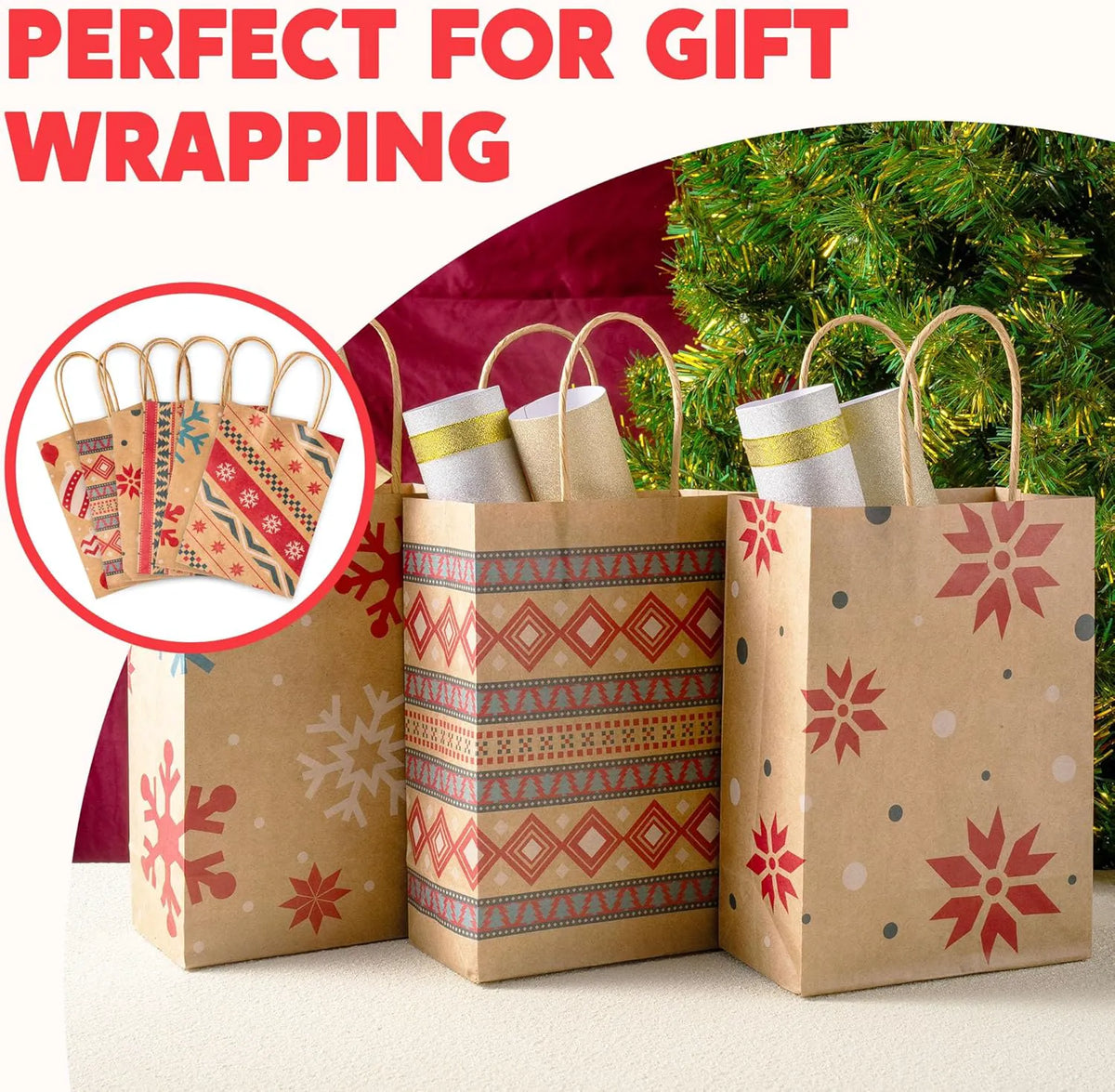 24 Pack Christmas Kraft Gift Bags with Durable Handles and Sturdy Bottoms