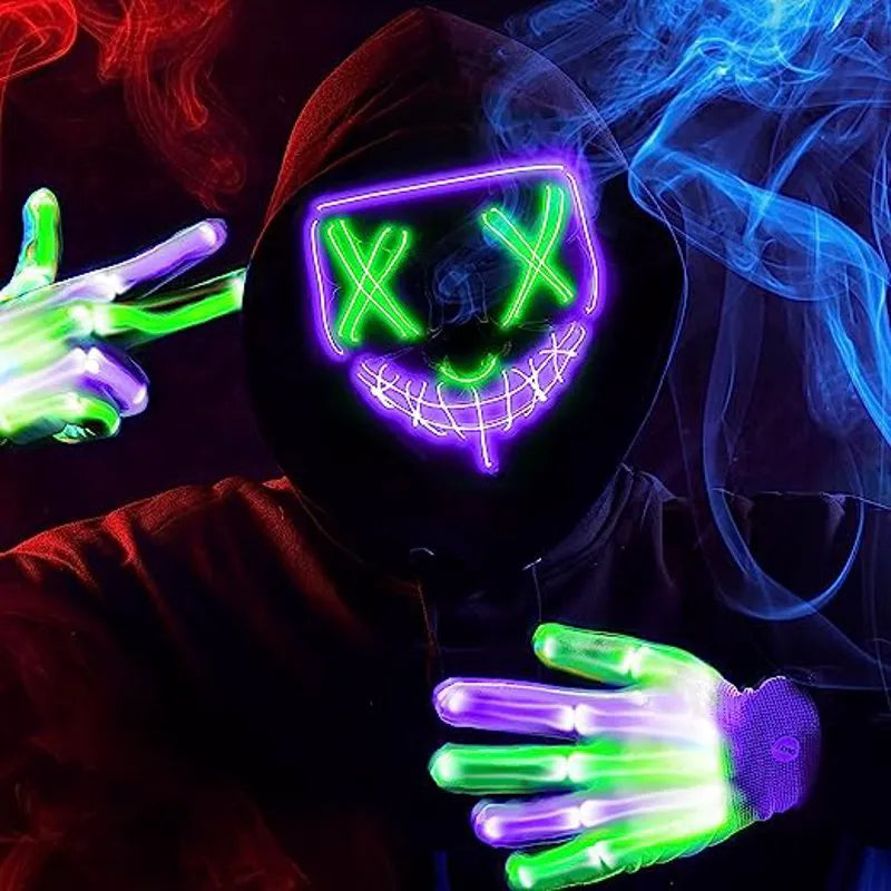 LED Multi Color Scary Mask and Gloves (Green & Purple)