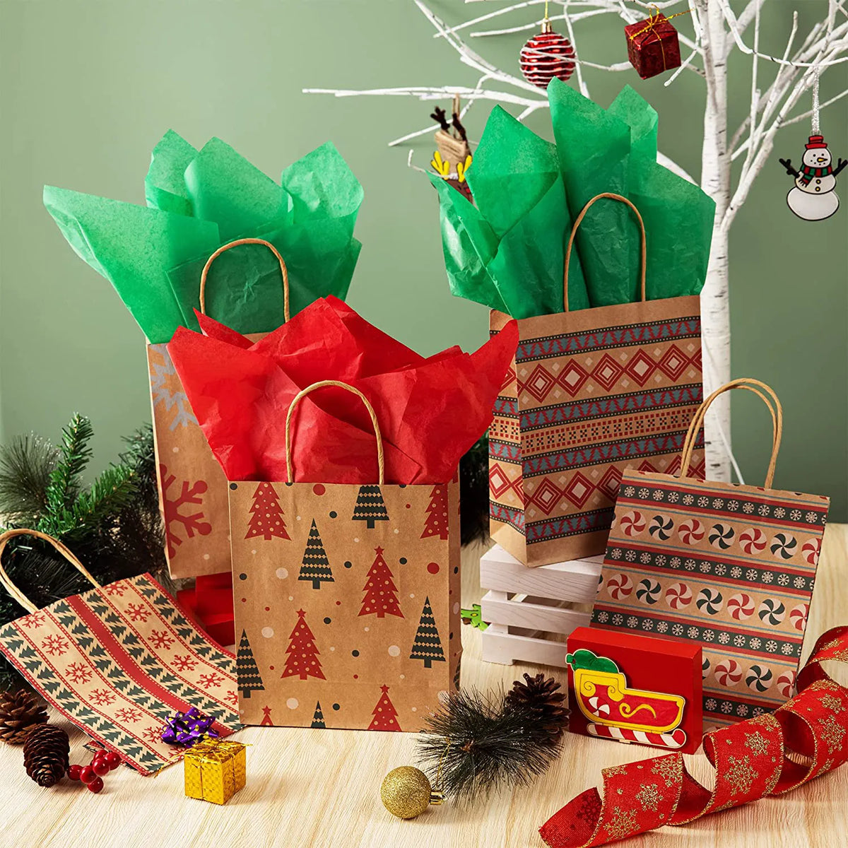 48 Christmas Kraft Gift Bags, 8 Designs