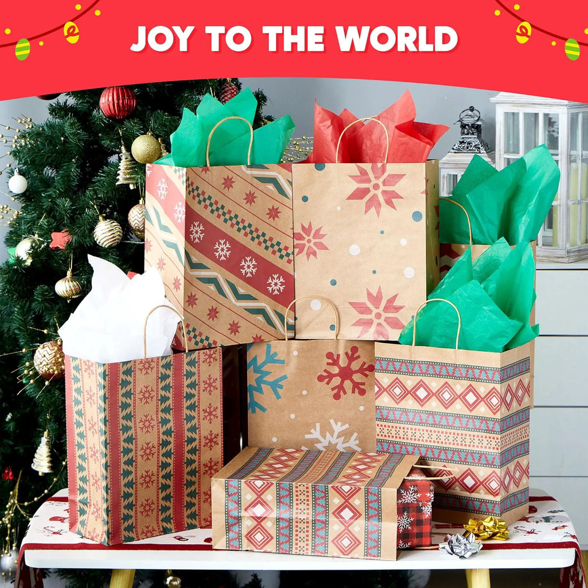 24 Pack Christmas Kraft Gift Bags with Handles for Holiday Presents