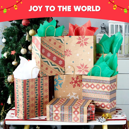 24 Pack Christmas Kraft Gift Bags with Handles for Holiday Presents