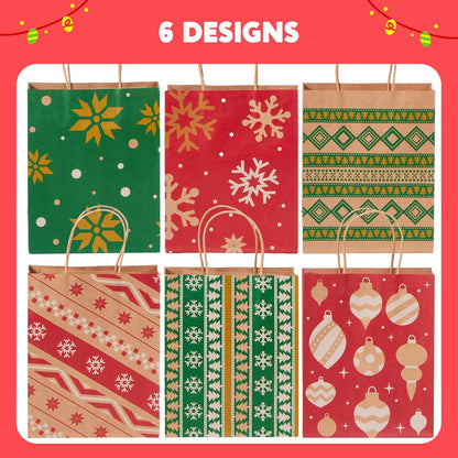 24 Pack Christmas Kraft Paper Gift Bags with Handles for Holiday Wrapping and Party Favors