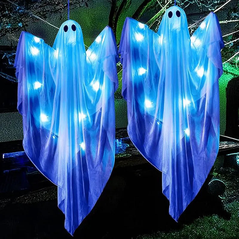 2 Pack 35.4" Halloween Hanging Ghost with Blue LED Lights
