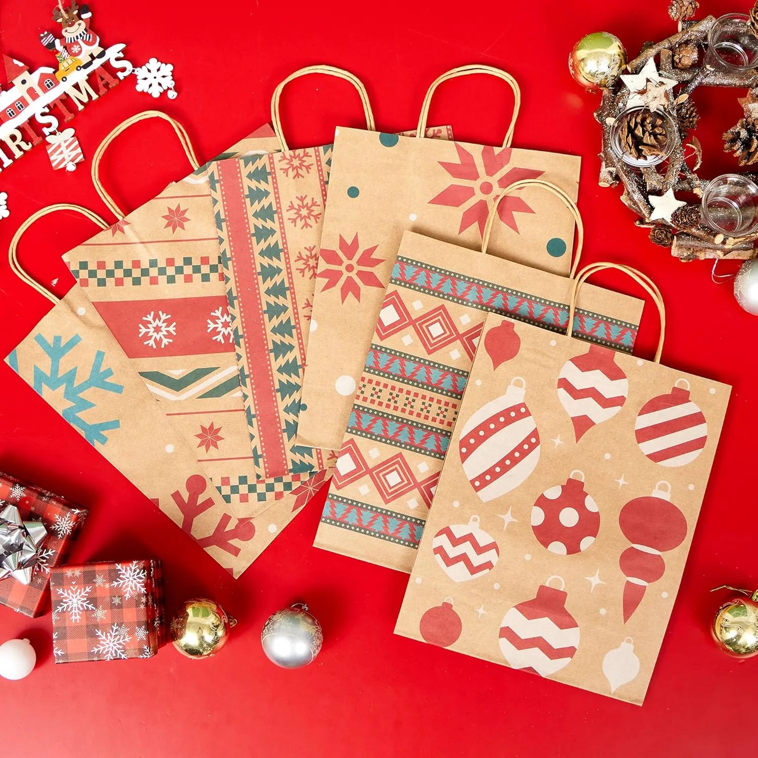 24 Pack Christmas Kraft Gift Bags with Handles for Holiday Presents