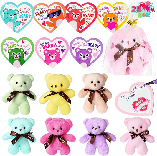 28 Pack Valentine's Day Gift Cards with Bear Plush Toys