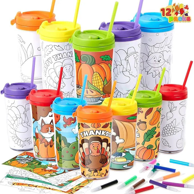 12 Thanksgiving Coloring Cups for Kids
