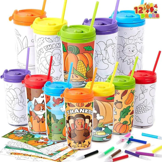 12 Thanksgiving Coloring Cups for Kids