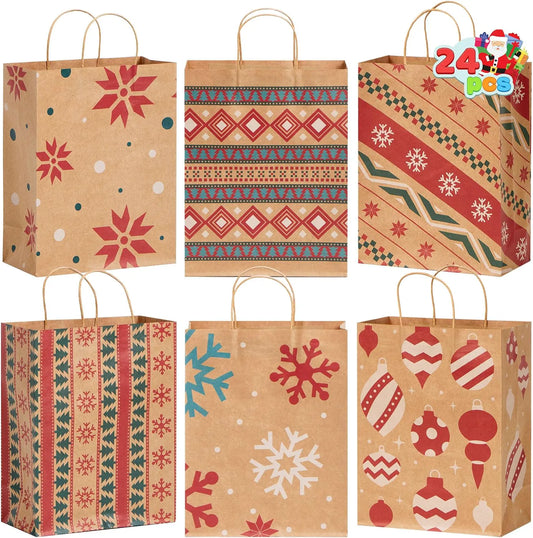 24 Pack Christmas Kraft Gift Bags with Handles for Holiday Presents