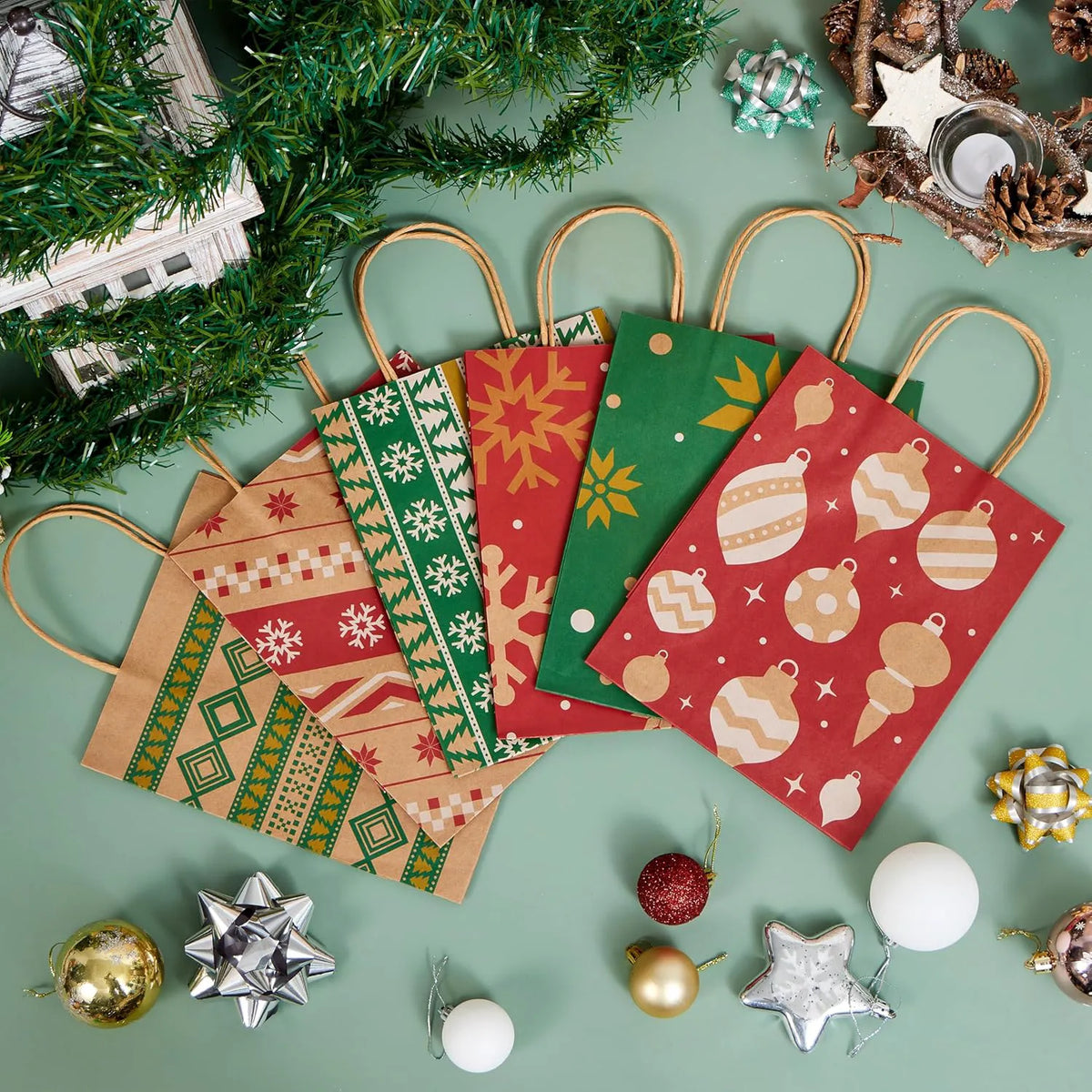 24 Pack Christmas Kraft Paper Gift Bags with Handles for Holiday Wrapping and Party Favors