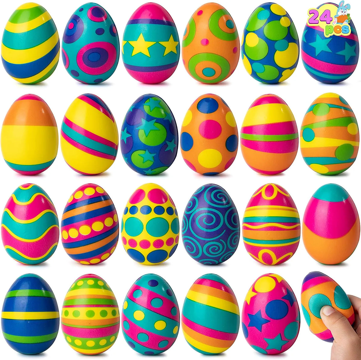 JOYIN 24 Pack Colorful Easter Squishy Eggs - Squeeze Stress Relief Fidget Toys for Kids, Easter Party Supplies