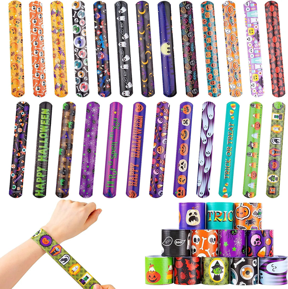 100-Pack Halloween Friendship Slap Bracelets for Kids