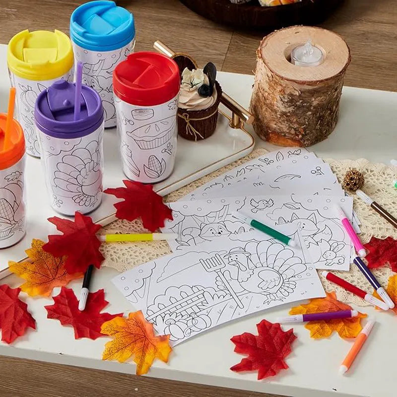 12 Thanksgiving Coloring Cups for Kids