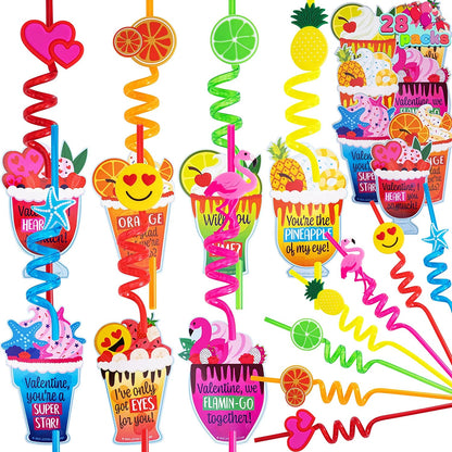 28 Reusable Drinking Straws with Kids Valentine's Cards for Valentine Party Favors